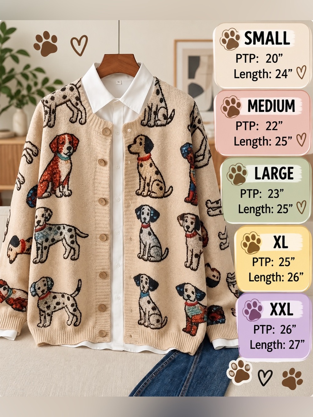 Boutique Beige Dog Print Cardigan Sweater